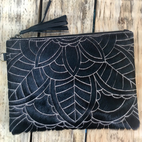 Carved Hide Clutch - Black